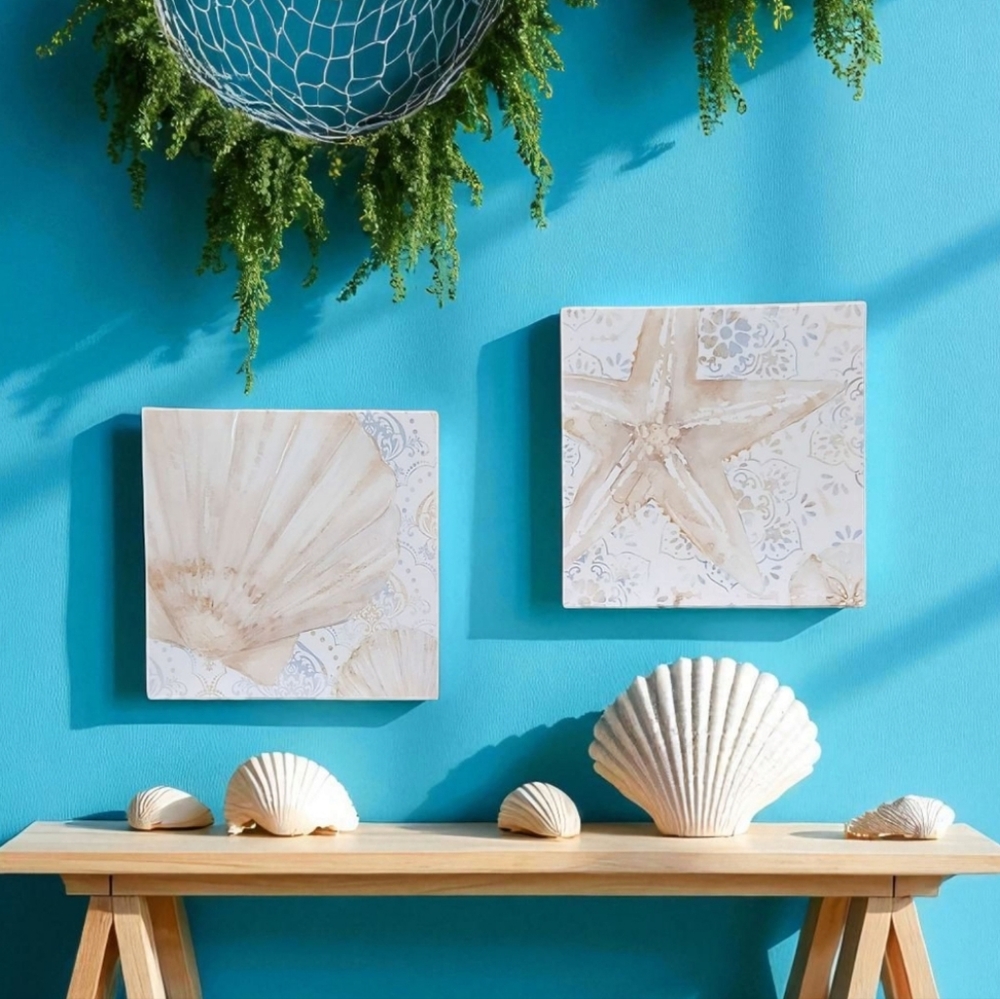 Costal Seashore Inspired Ocean Seashell‎ & Starfish Canvas Wall Art Decor Set